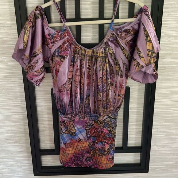 Yu're Y2k purple floral butterfly sleeves cold shoulder top size S vintage - Picture 1 of 6